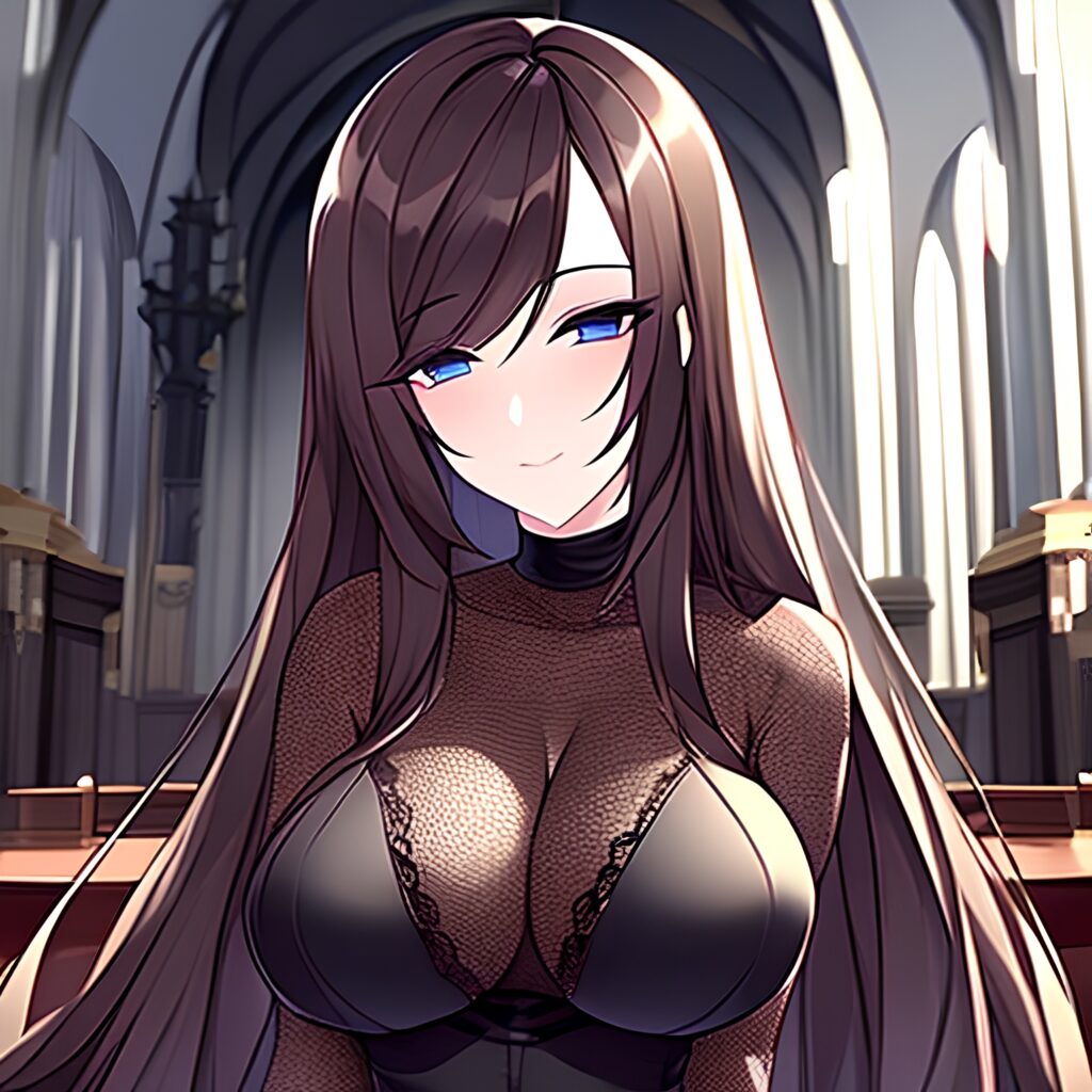 messy hair long hair woman brunette church fishnet 