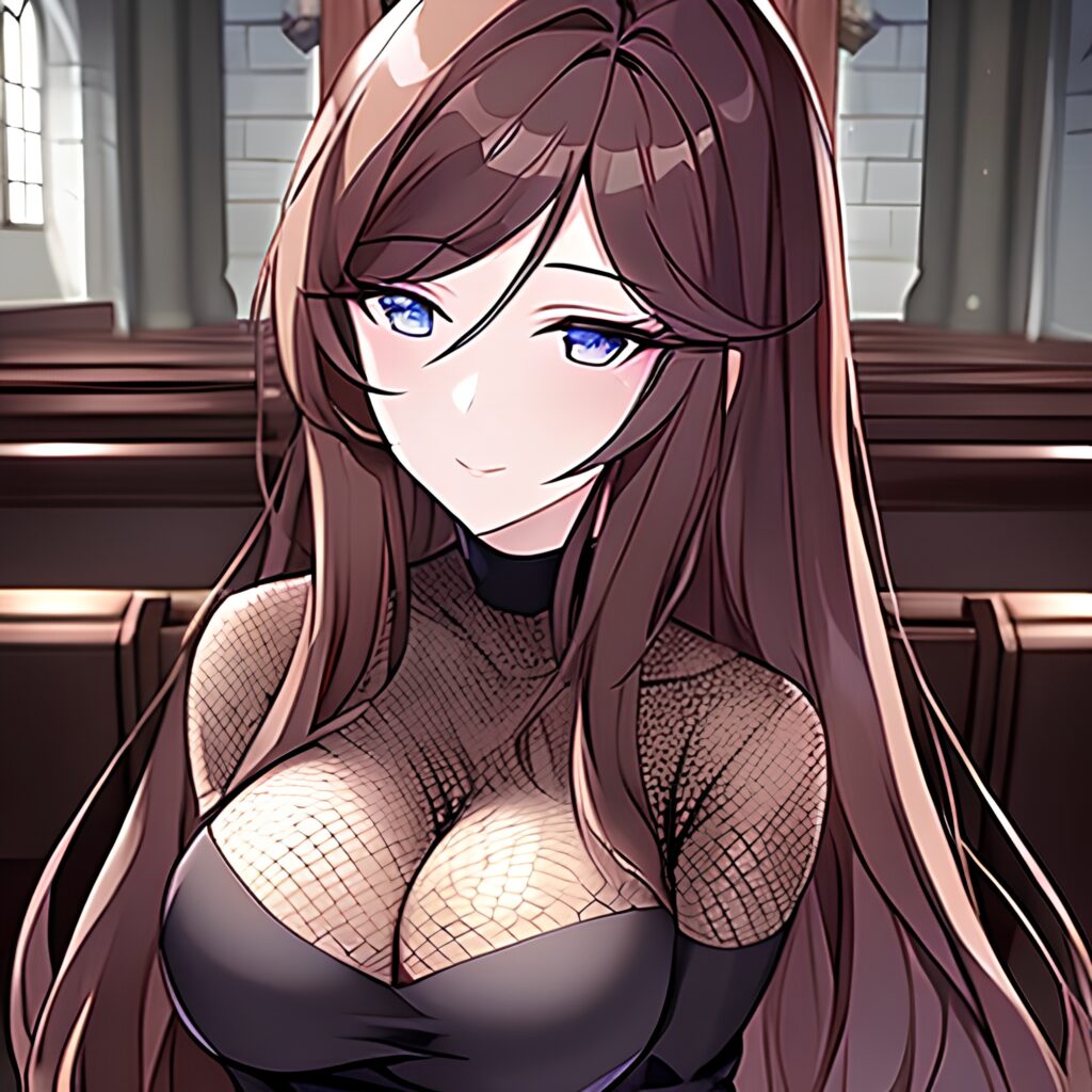 messy hair long hair woman church brunette fishnet 