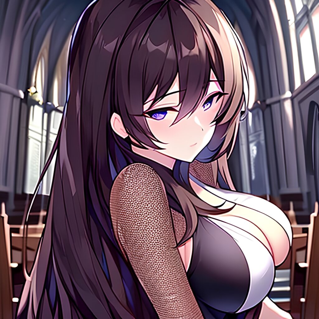 messy hair long hair woman church brunette fishnet 