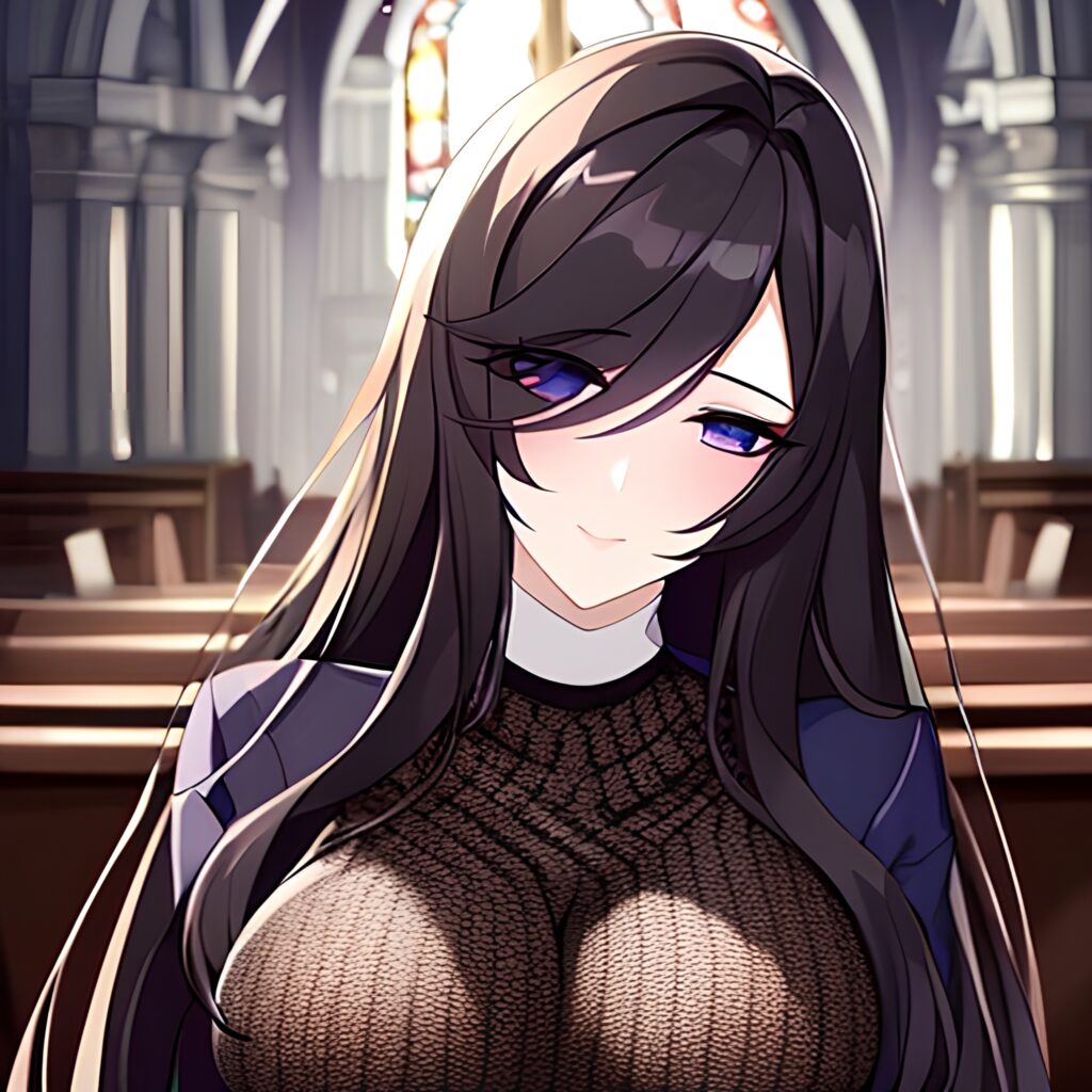 messy hair long hair woman church brunette fishnet 