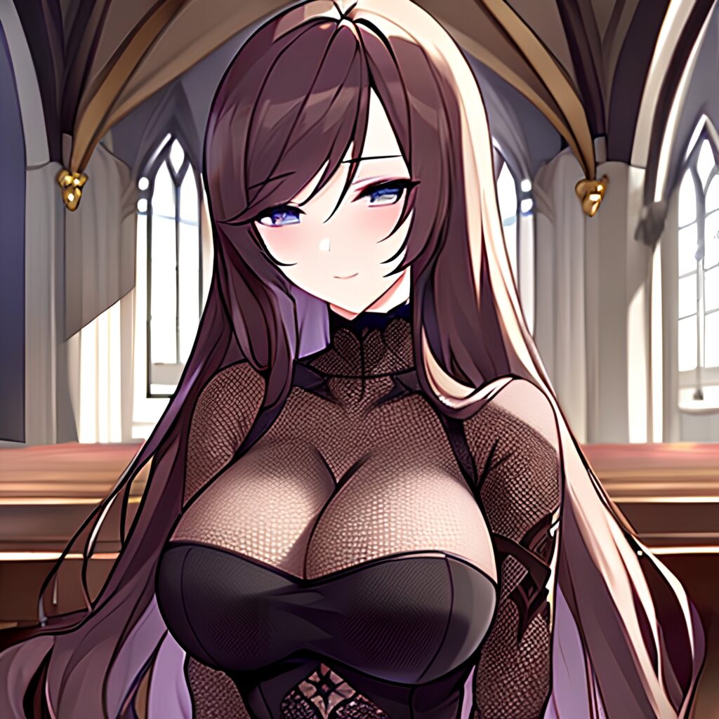 messy hair long hair woman church brunette fishnet 