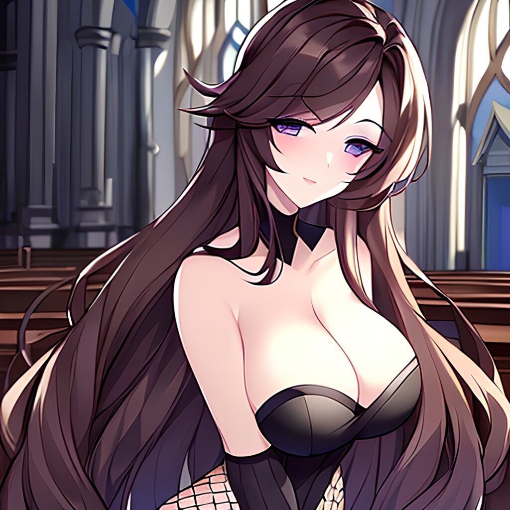 messy hair long hair woman church brunette fishnet 