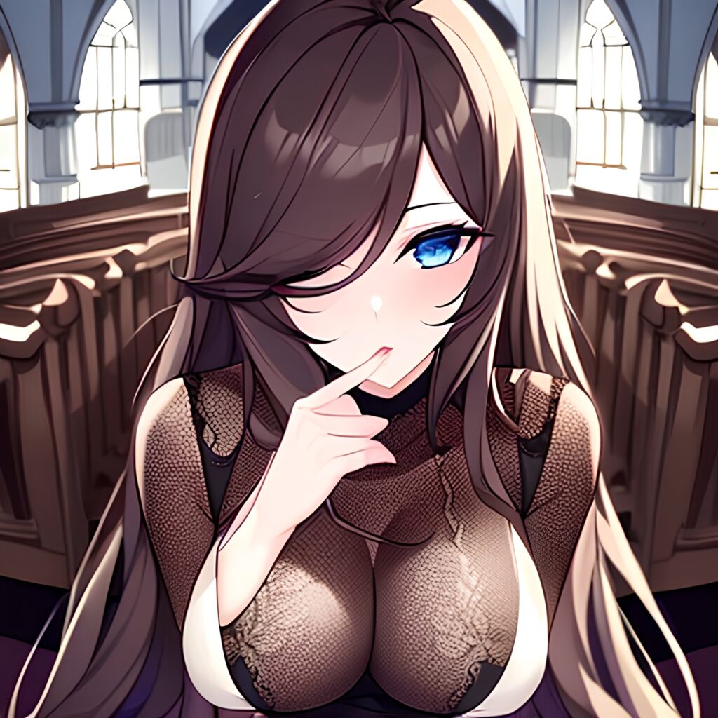 messy hair long hair woman church brunette fishnet 