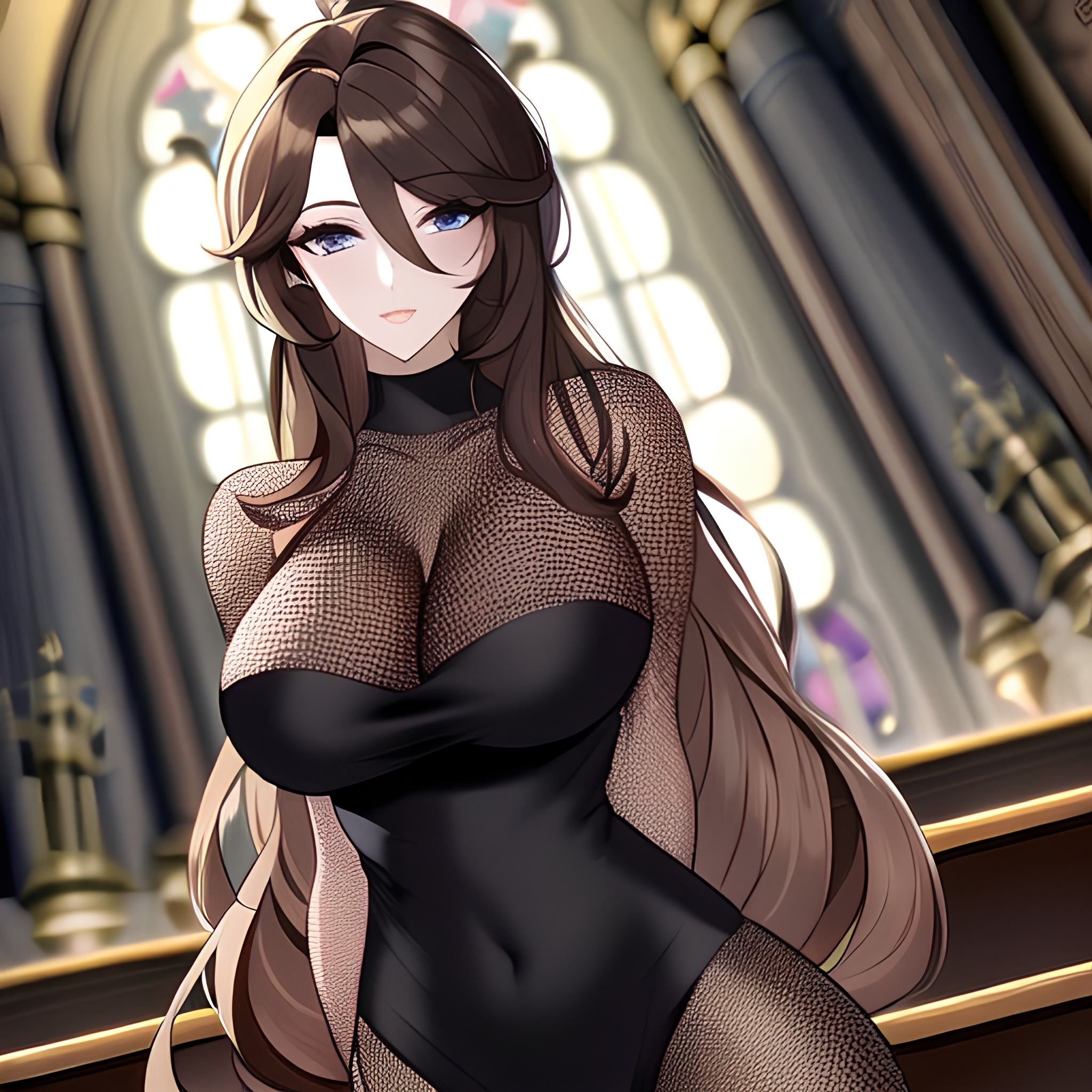 messy hair long hair woman church fishnet brunette 