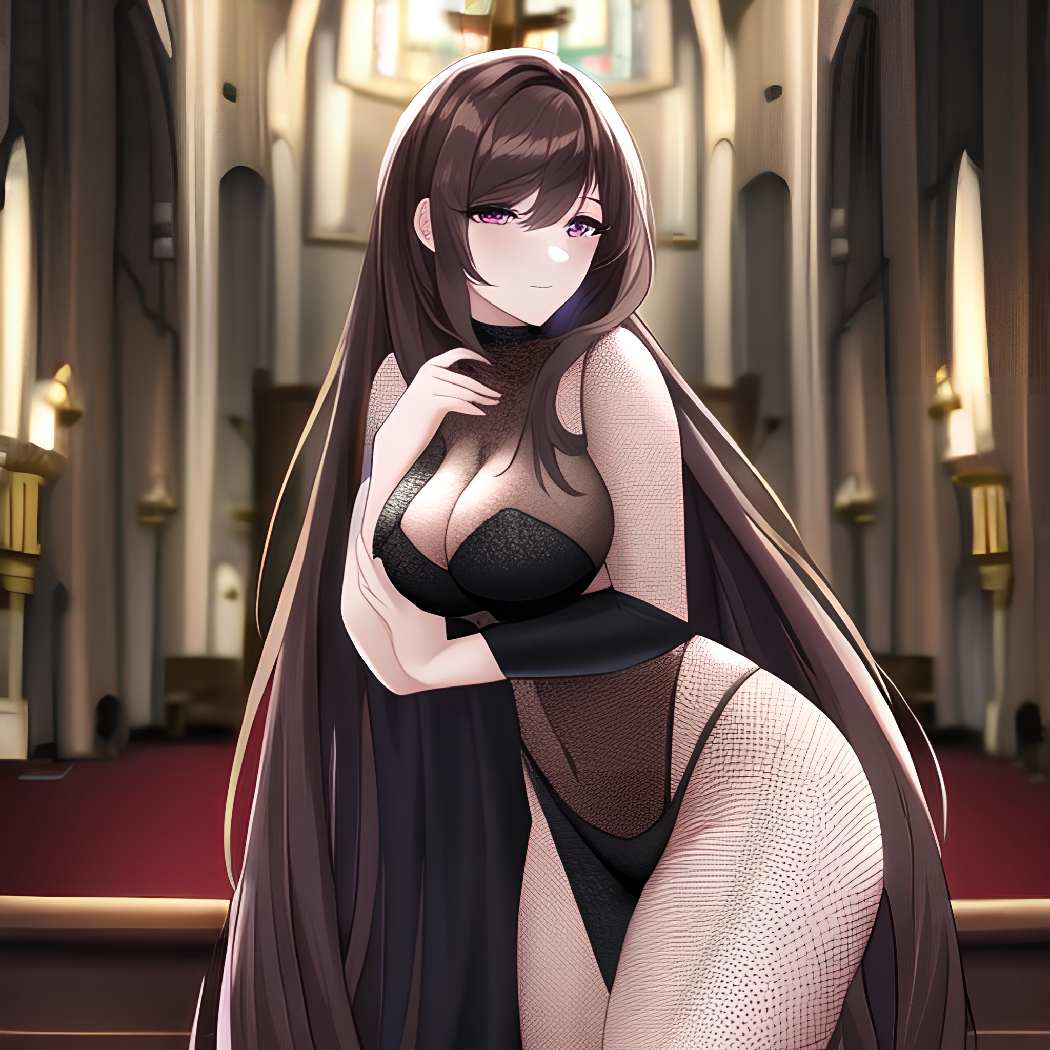 messy hair long hair woman church fishnet brunette 