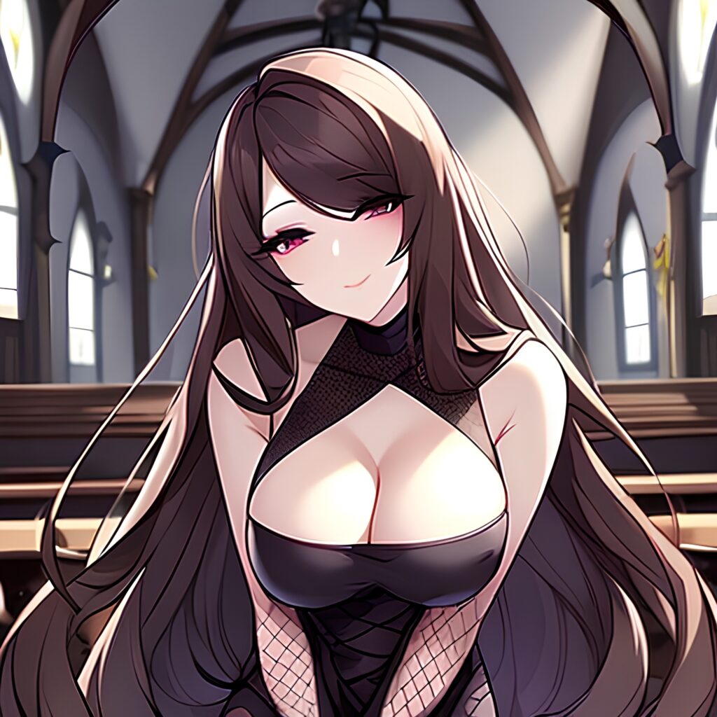 messy hair long hair woman church fishnet brunette 