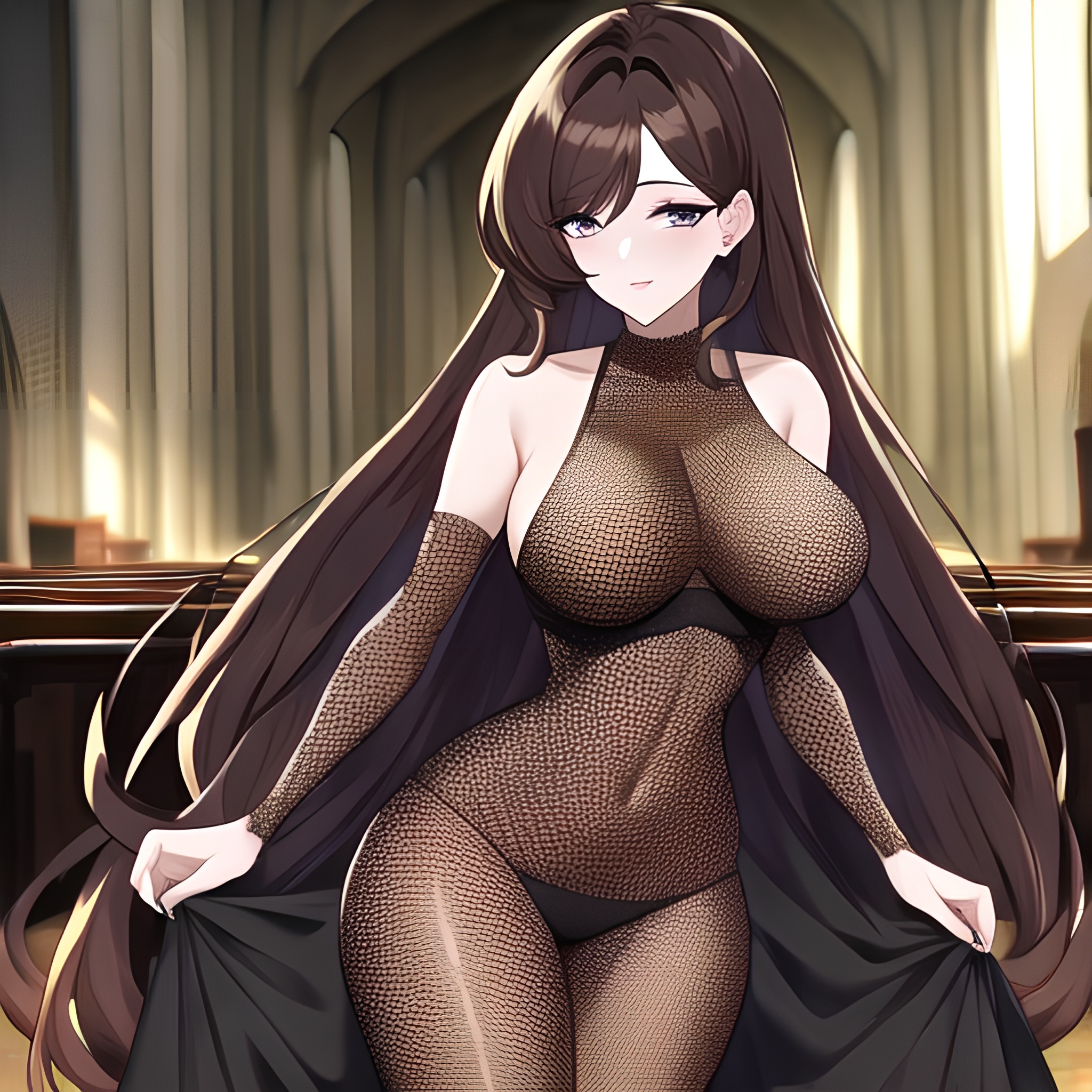 messy hair long hair woman church fishnet brunette 