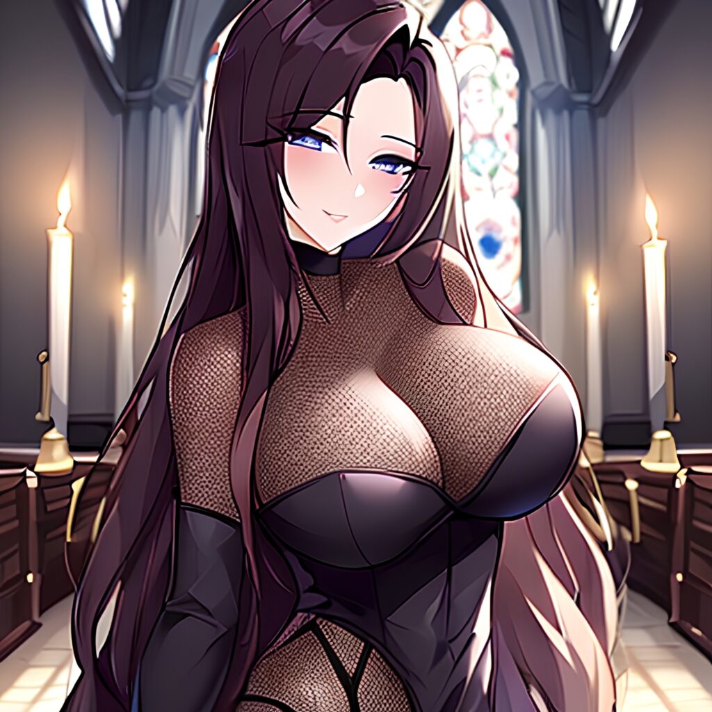 messy hair long hair woman church fishnet brunette 