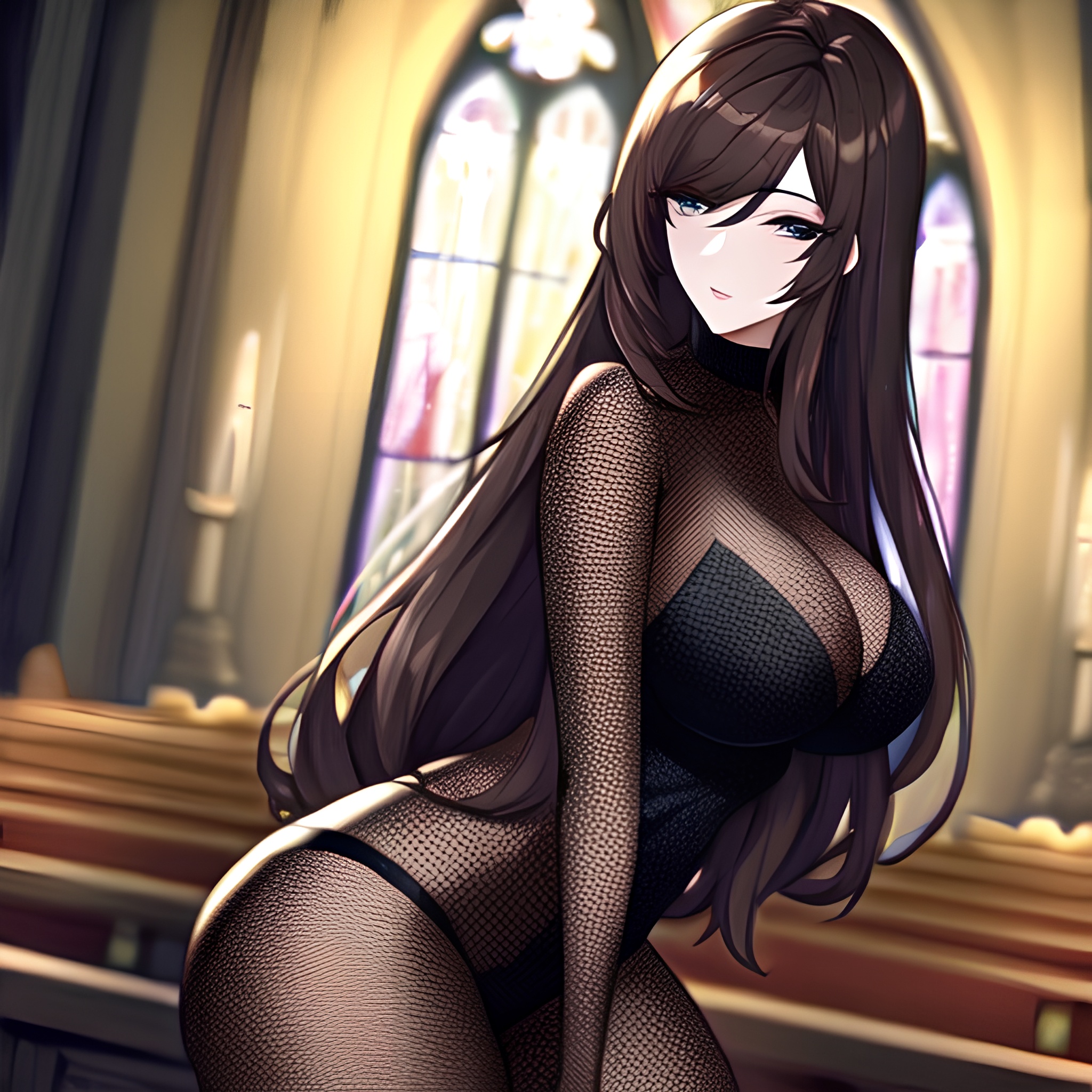 messy hair long hair woman church fishnet brunette 