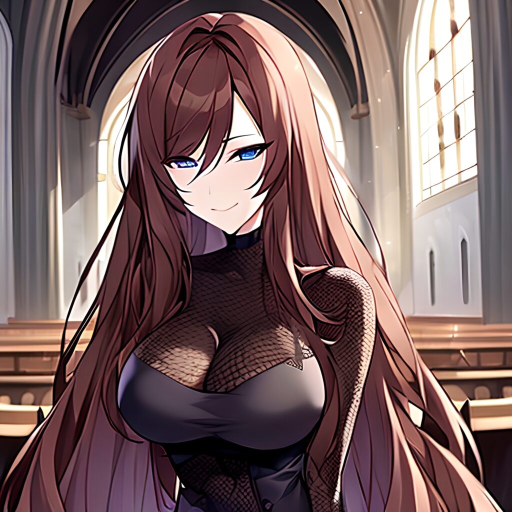 messy hair long hair woman fishnet church brunette 