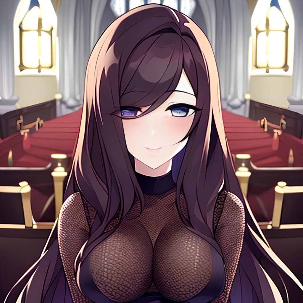 messy hair long hair woman fishnet church brunette 