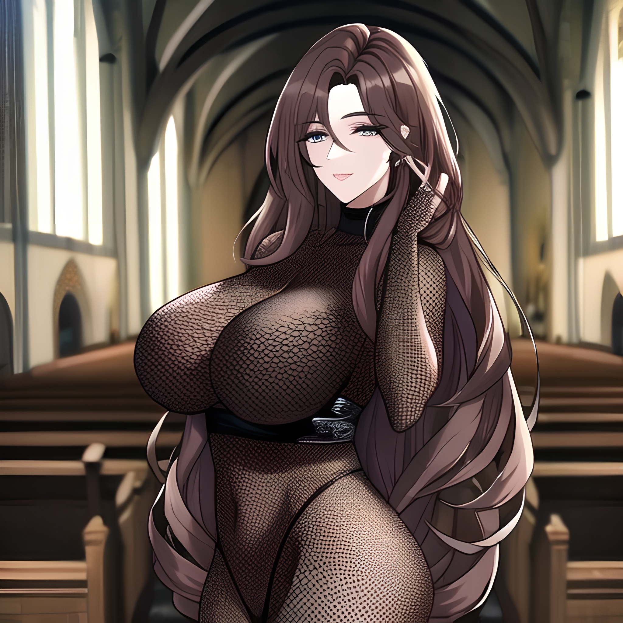 messy hair long hair woman fishnet church brunette 