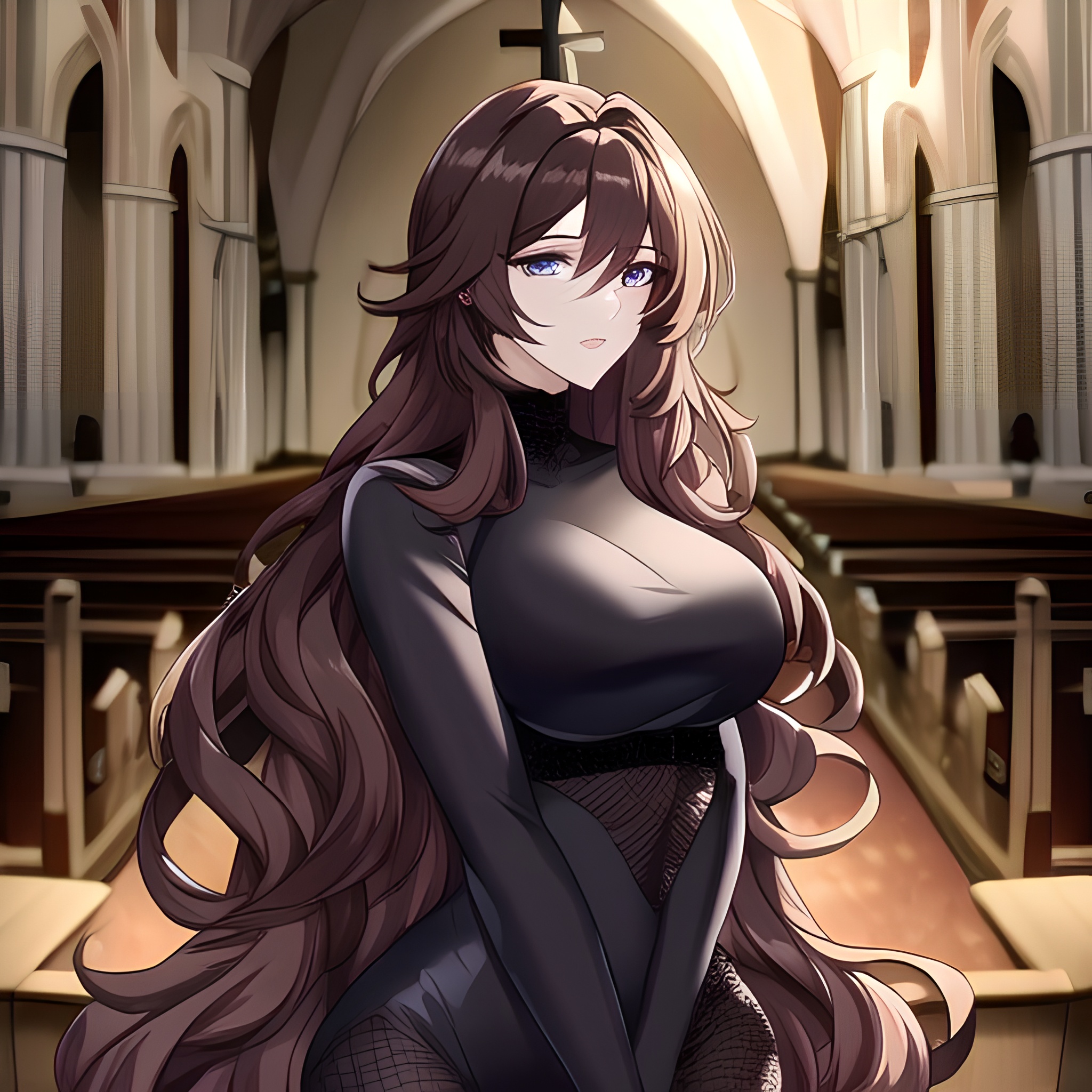 messy hair woman brunette church fishnet long hair 