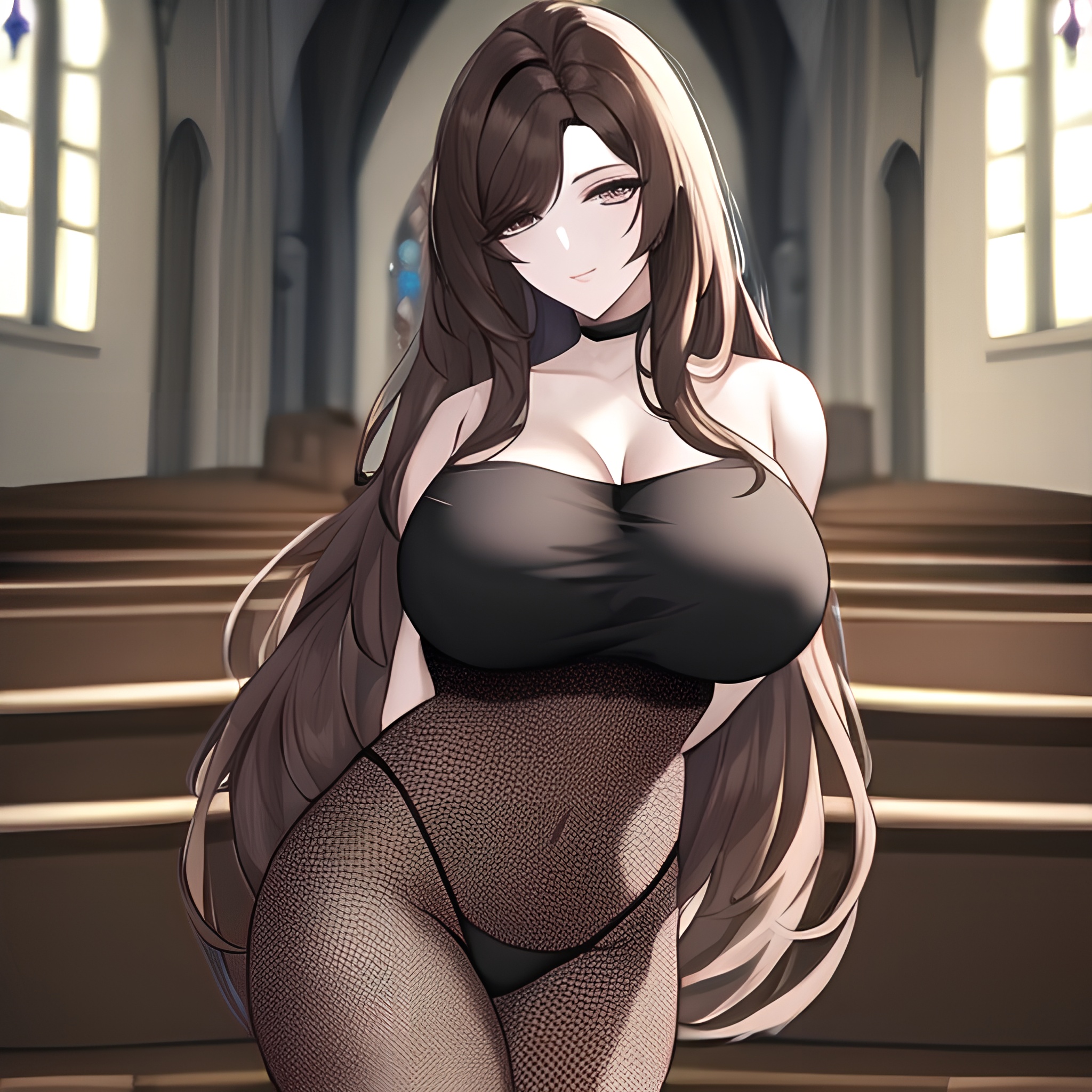 messy hair woman brunette church fishnet long hair 