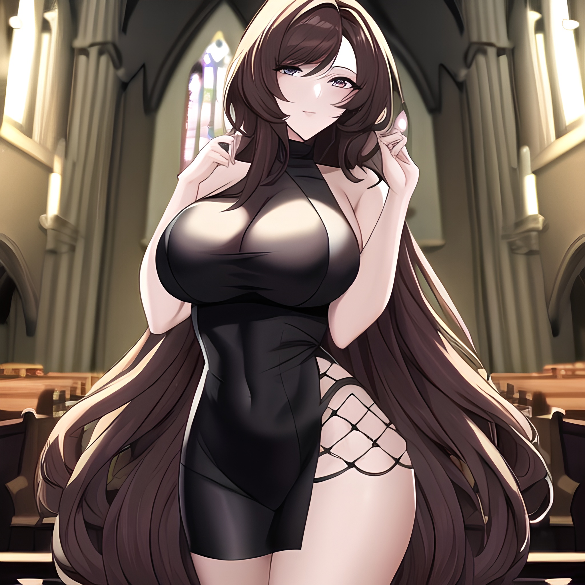 messy hair woman brunette church long hair fishnet 