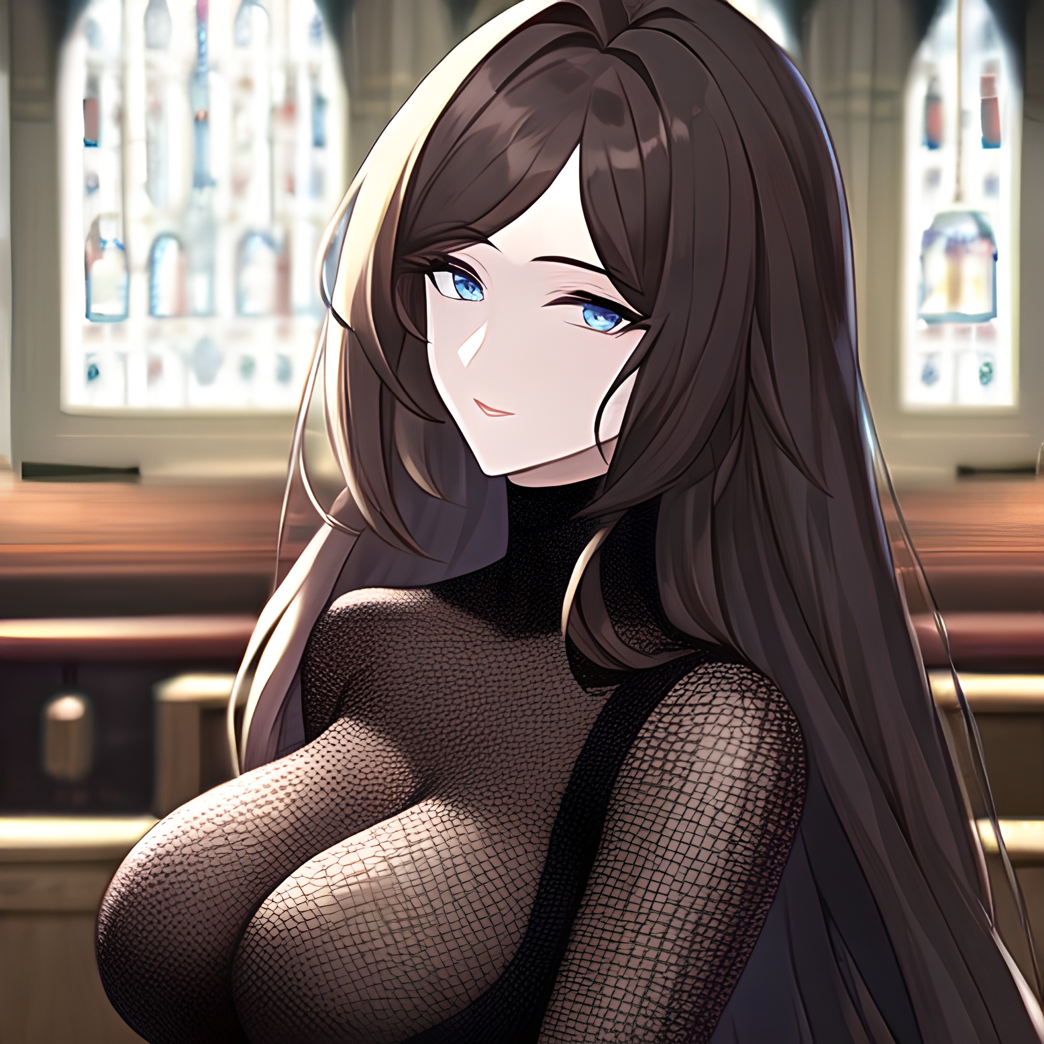 messy hair woman brunette church long hair fishnet 