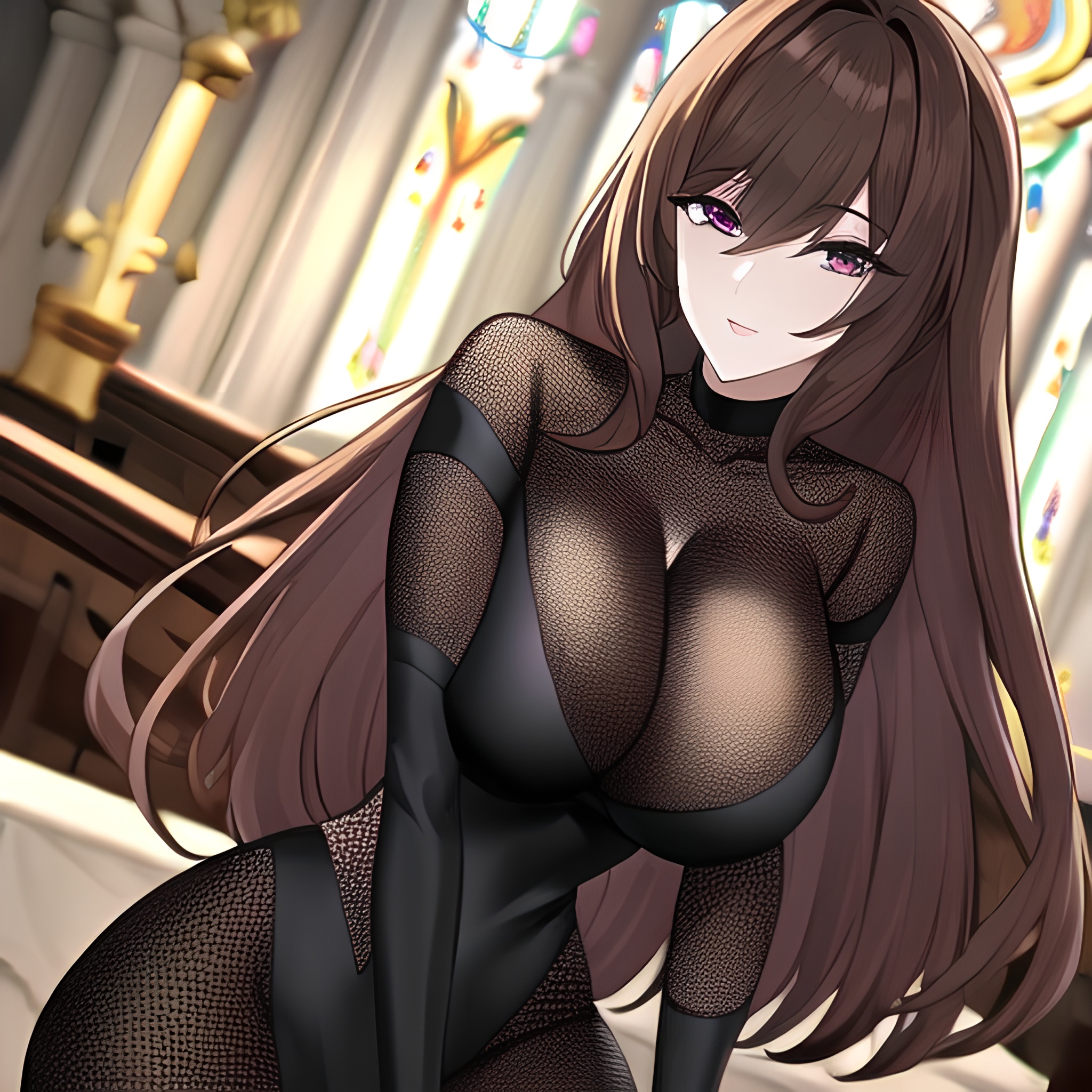 messy hair woman brunette fishnet church long hair 