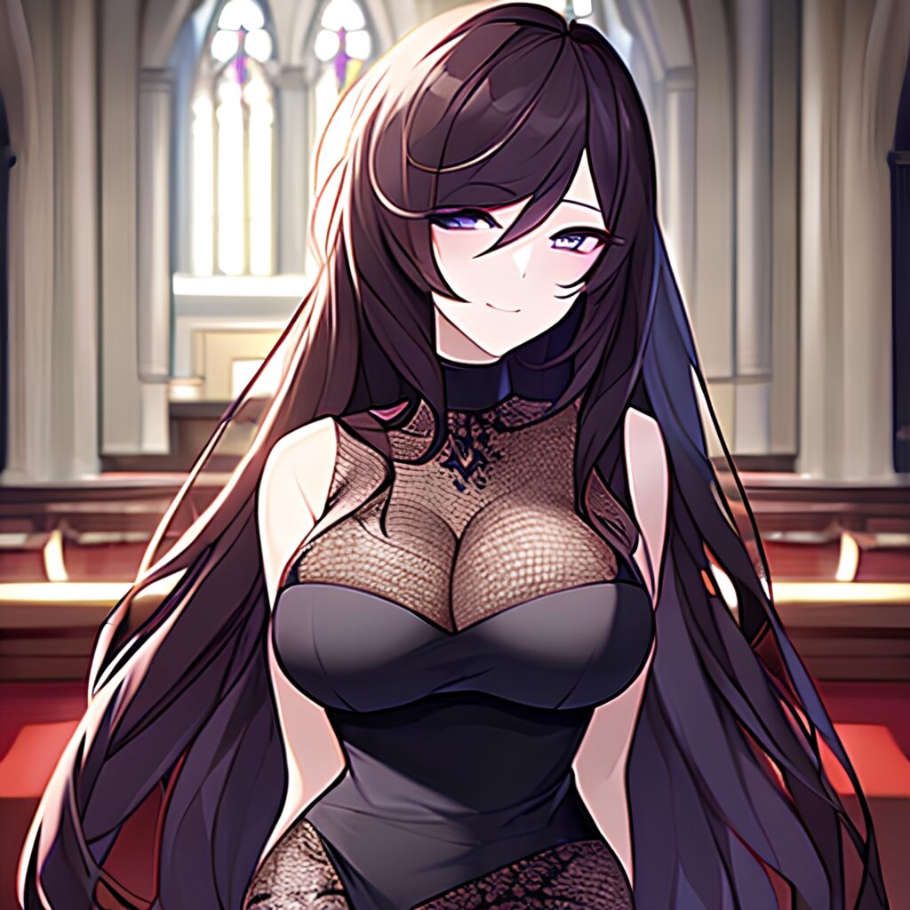 messy hair woman brunette fishnet long hair church 