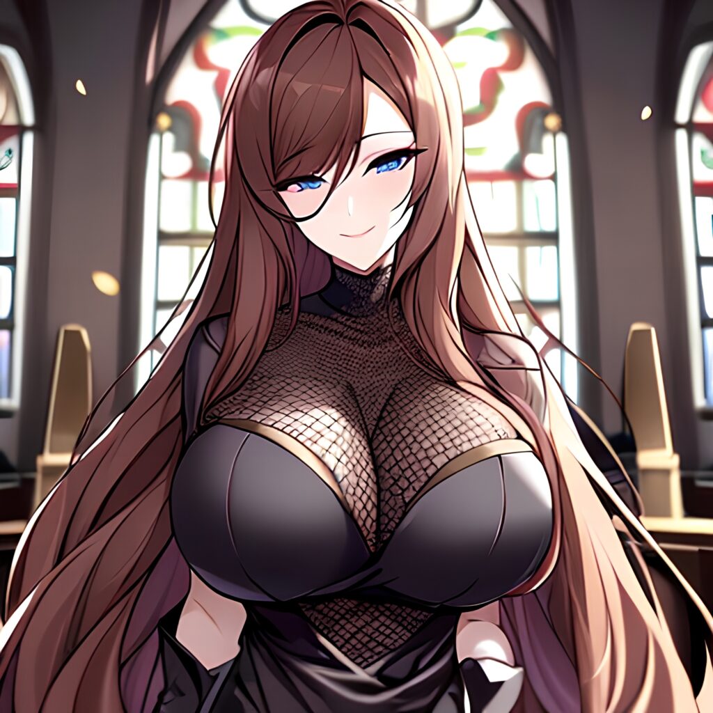 messy hair woman brunette long hair church fishnet 