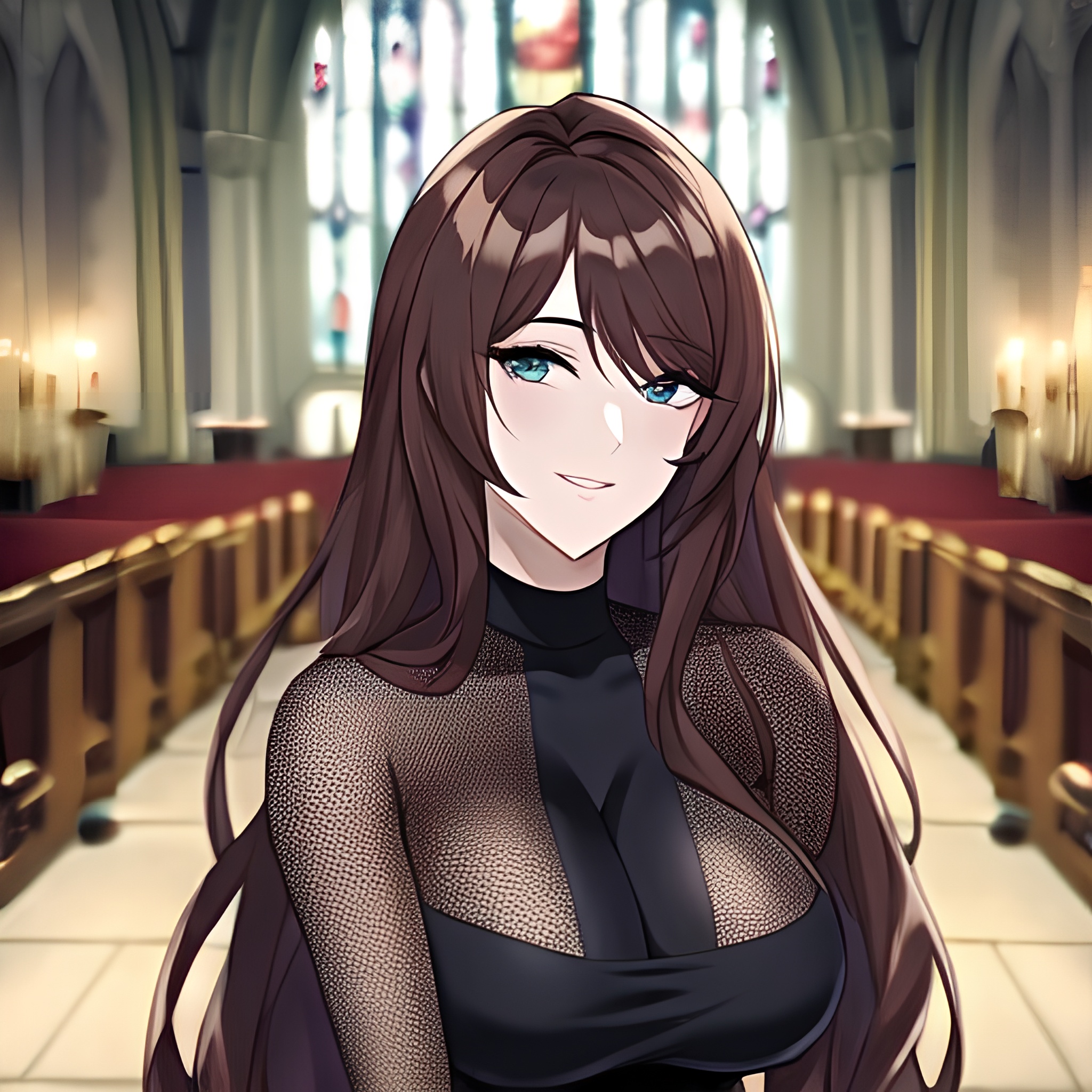 messy hair woman brunette long hair church fishnet 