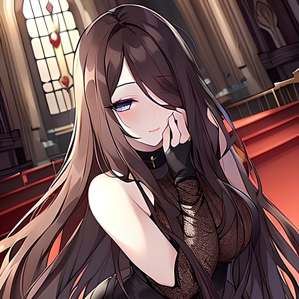 messy hair woman brunette long hair church fishnet