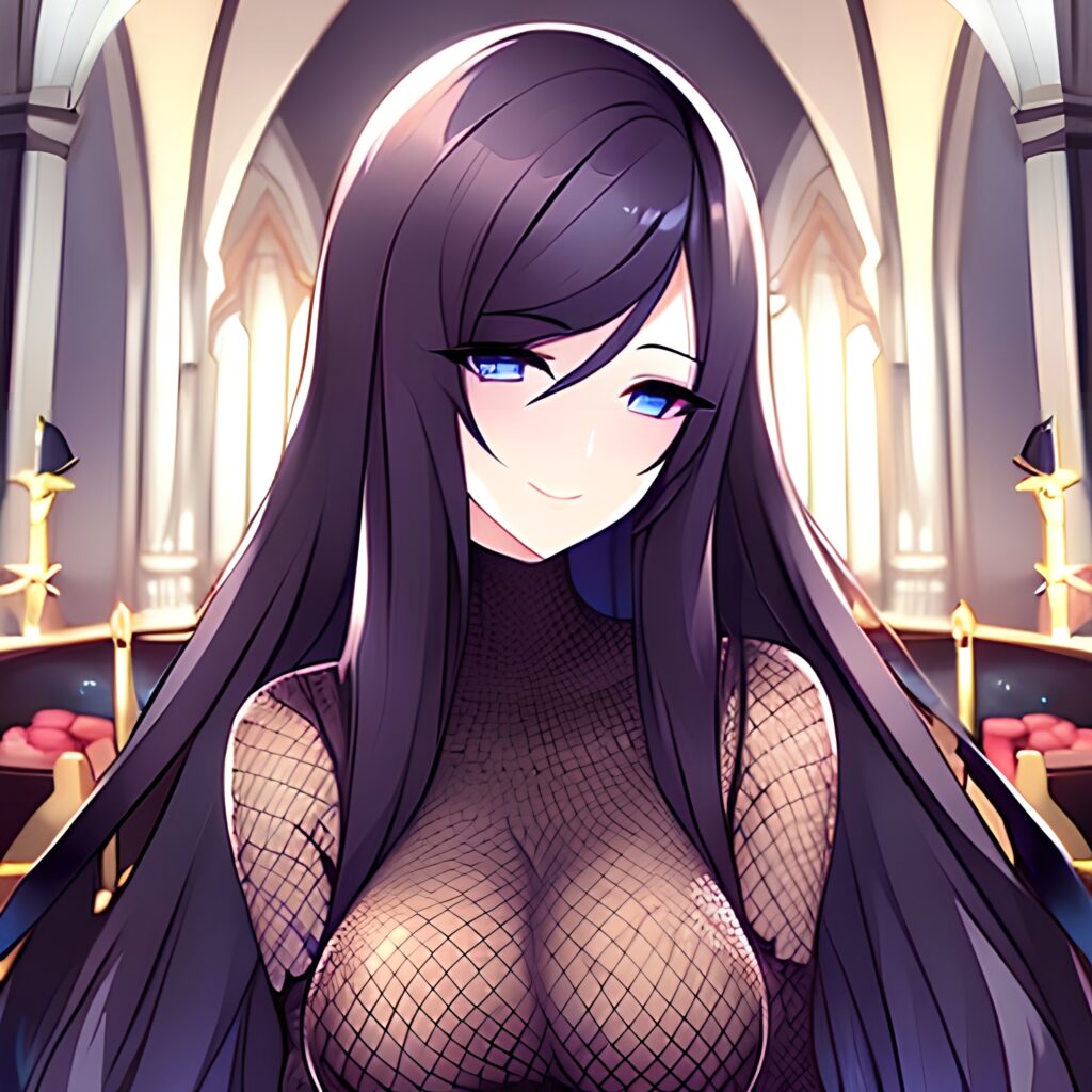 messy hair woman brunette long hair church fishnet 