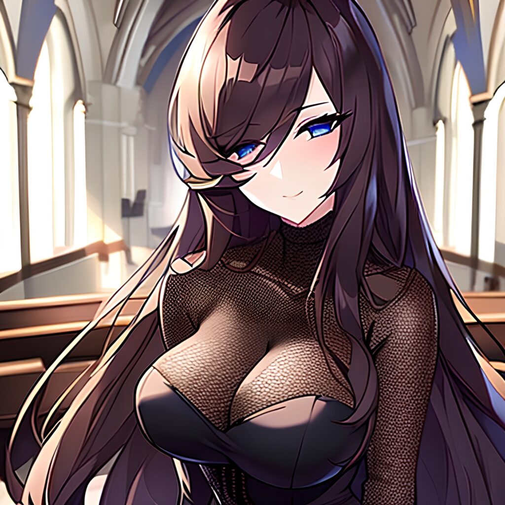 messy hair woman brunette long hair fishnet church 