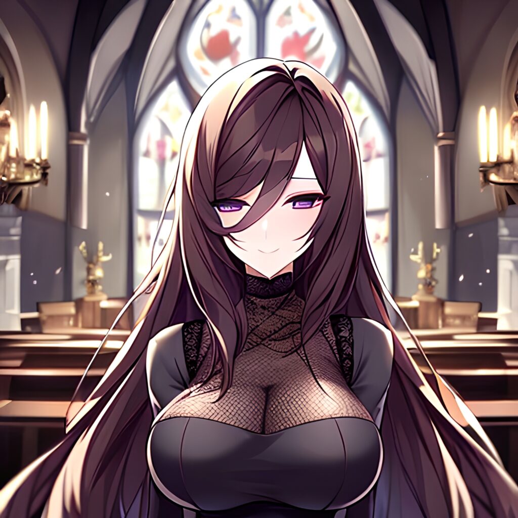 messy hair woman brunette long hair fishnet church 