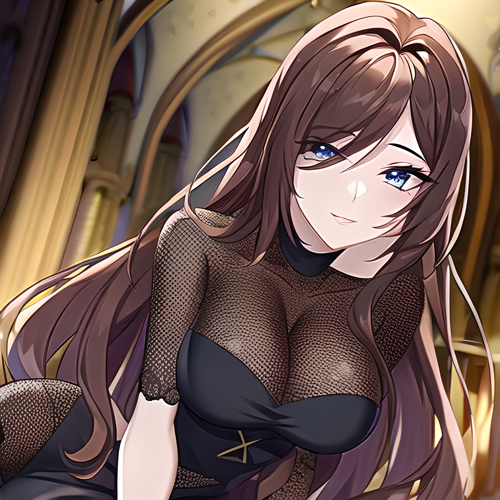 messy hair woman church brunette fishnet long hair 
