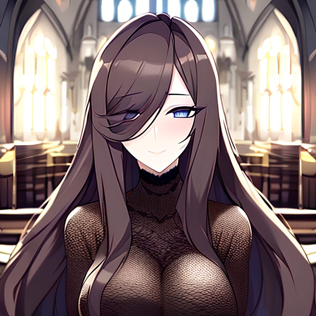 messy hair woman church brunette fishnet long hair 