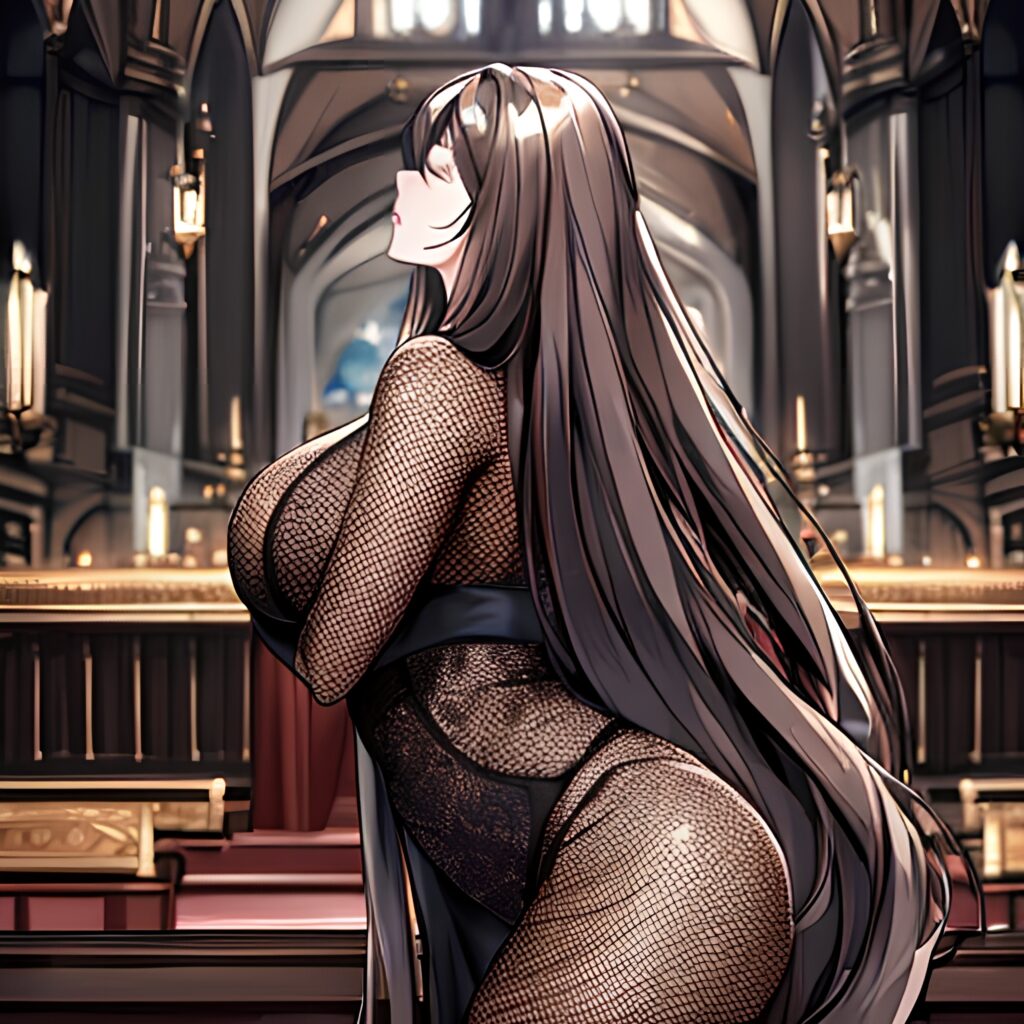 messy hair woman church brunette fishnet long hair 