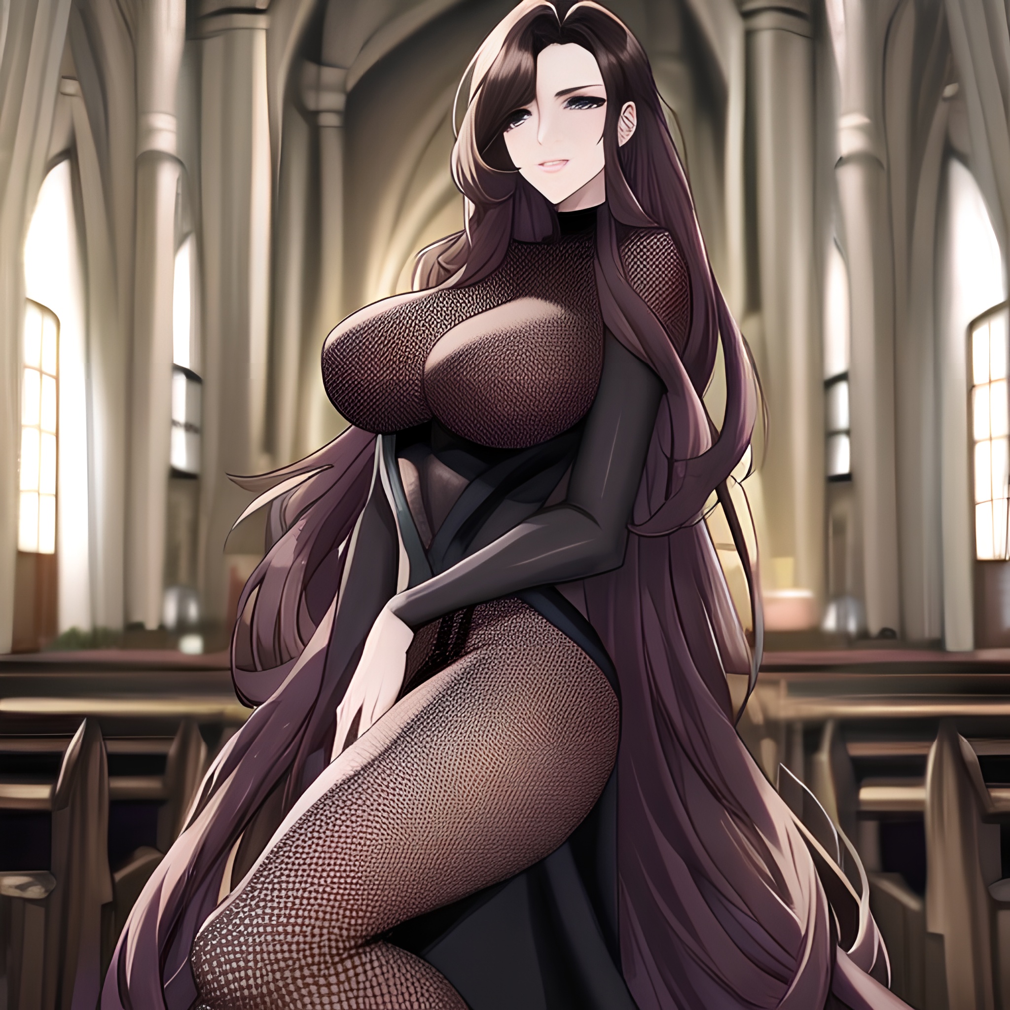 messy hair woman church brunette fishnet long hair