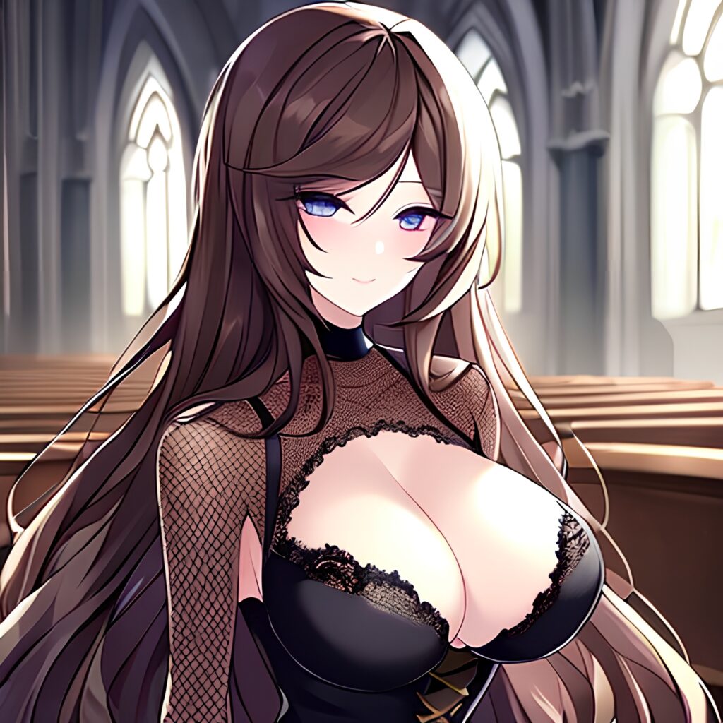 messy hair woman church brunette long hair fishnet 