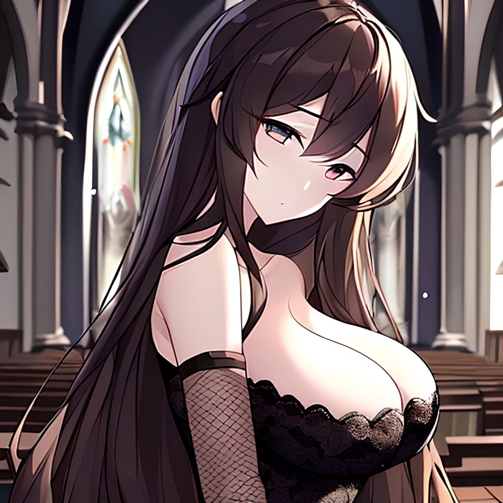 messy hair woman church brunette long hair fishnet 