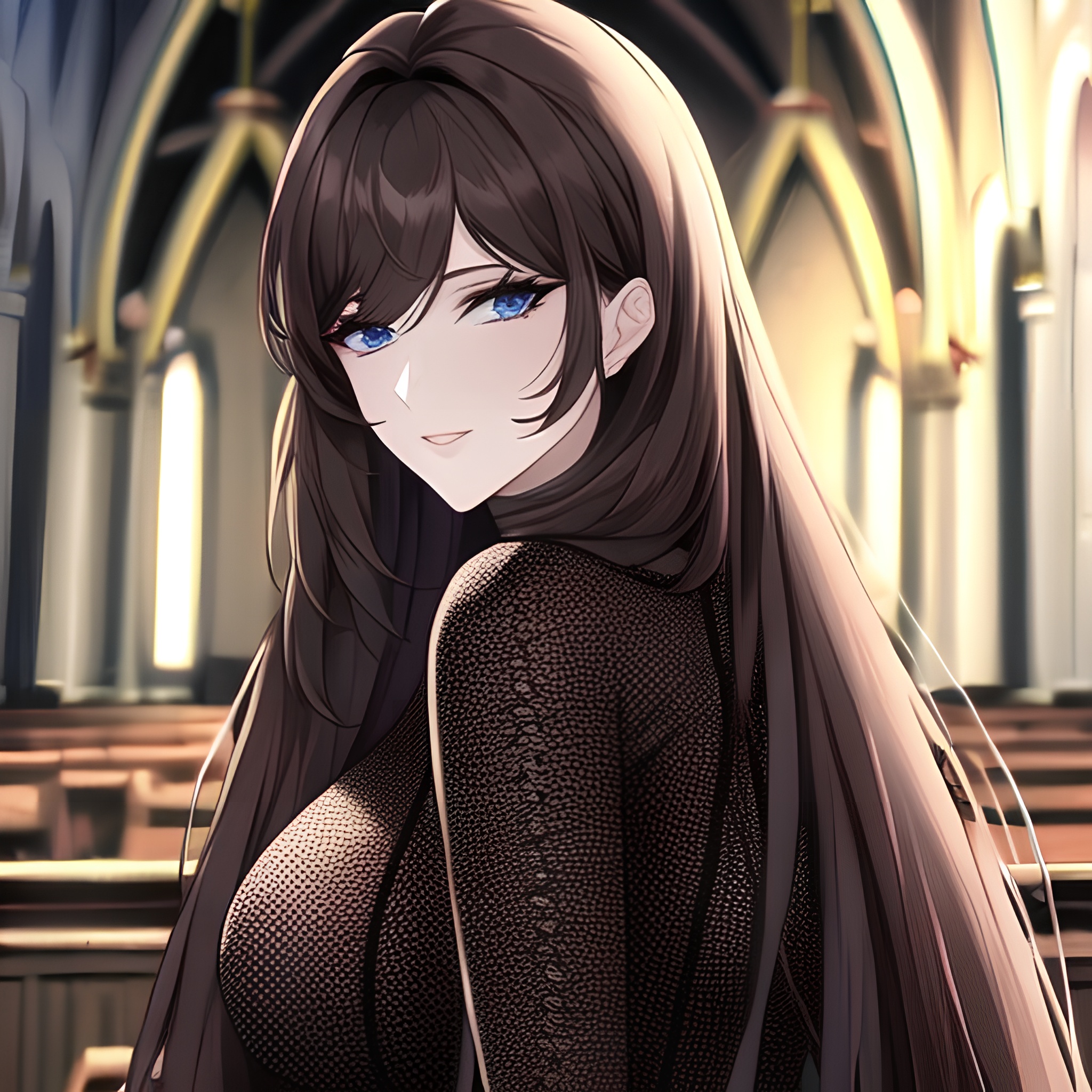 messy hair woman church fishnet brunette long hair 