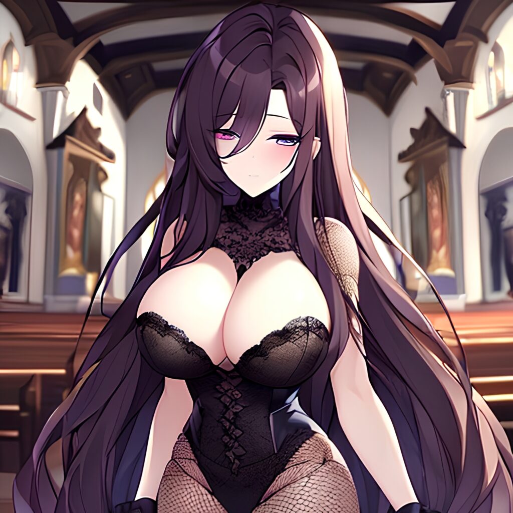 messy hair woman church fishnet long hair brunette 