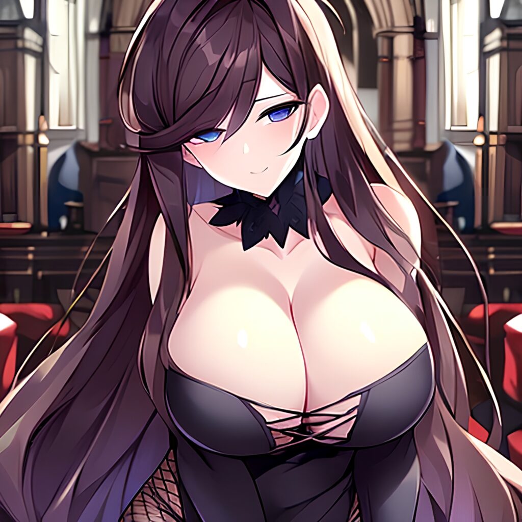 messy hair woman church long hair brunette fishnet 