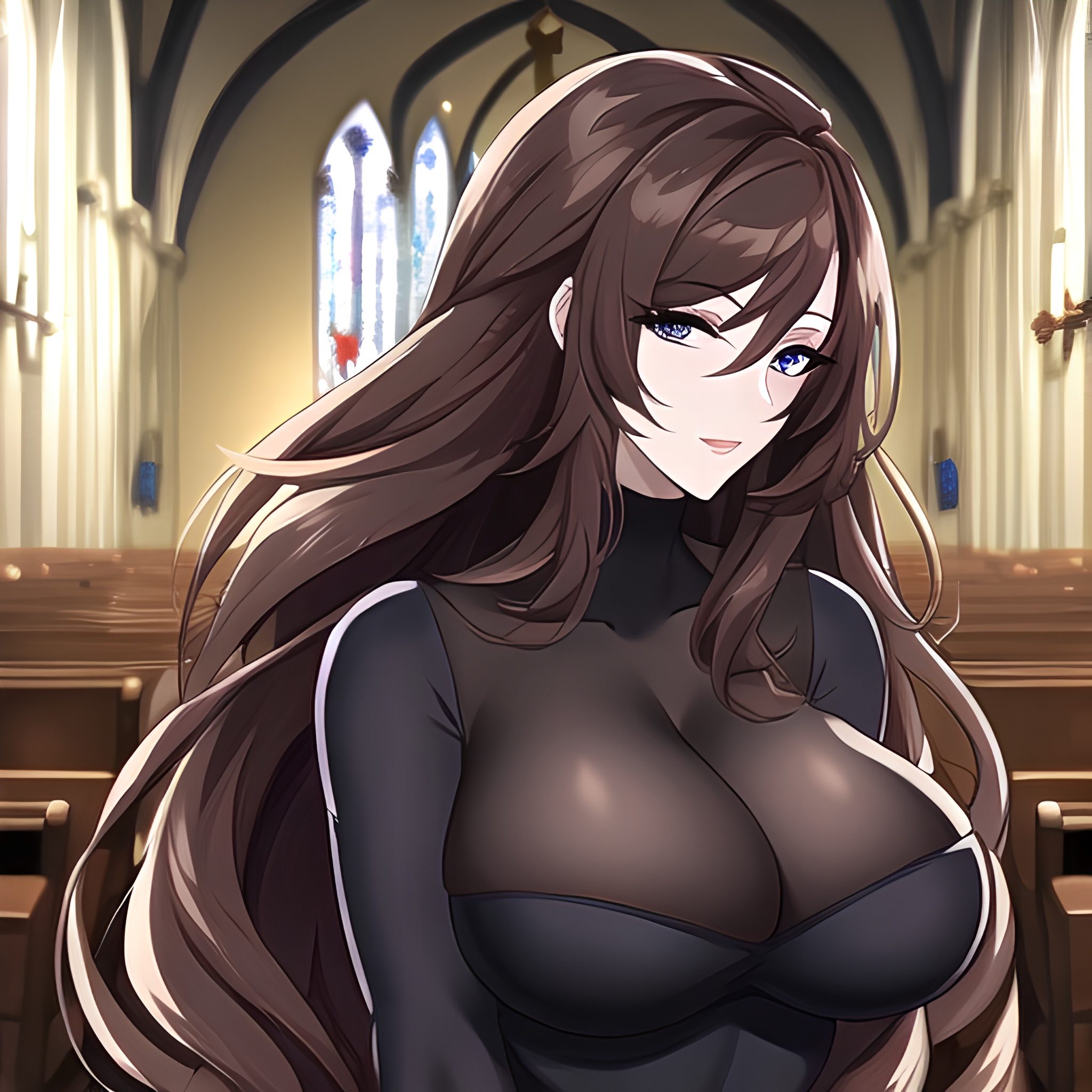 messy hair woman church long hair brunette fishnet