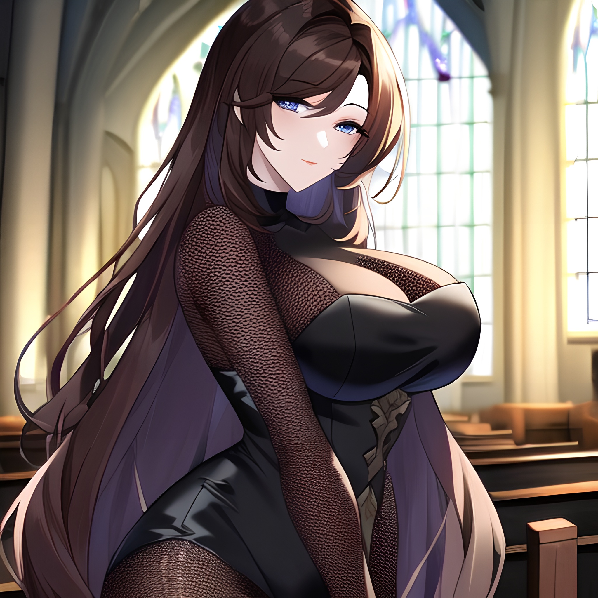 messy hair woman church long hair brunette fishnet 