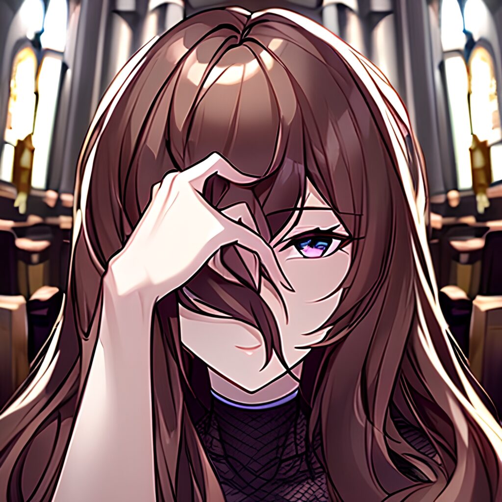 messy hair woman fishnet brunette church long hair 