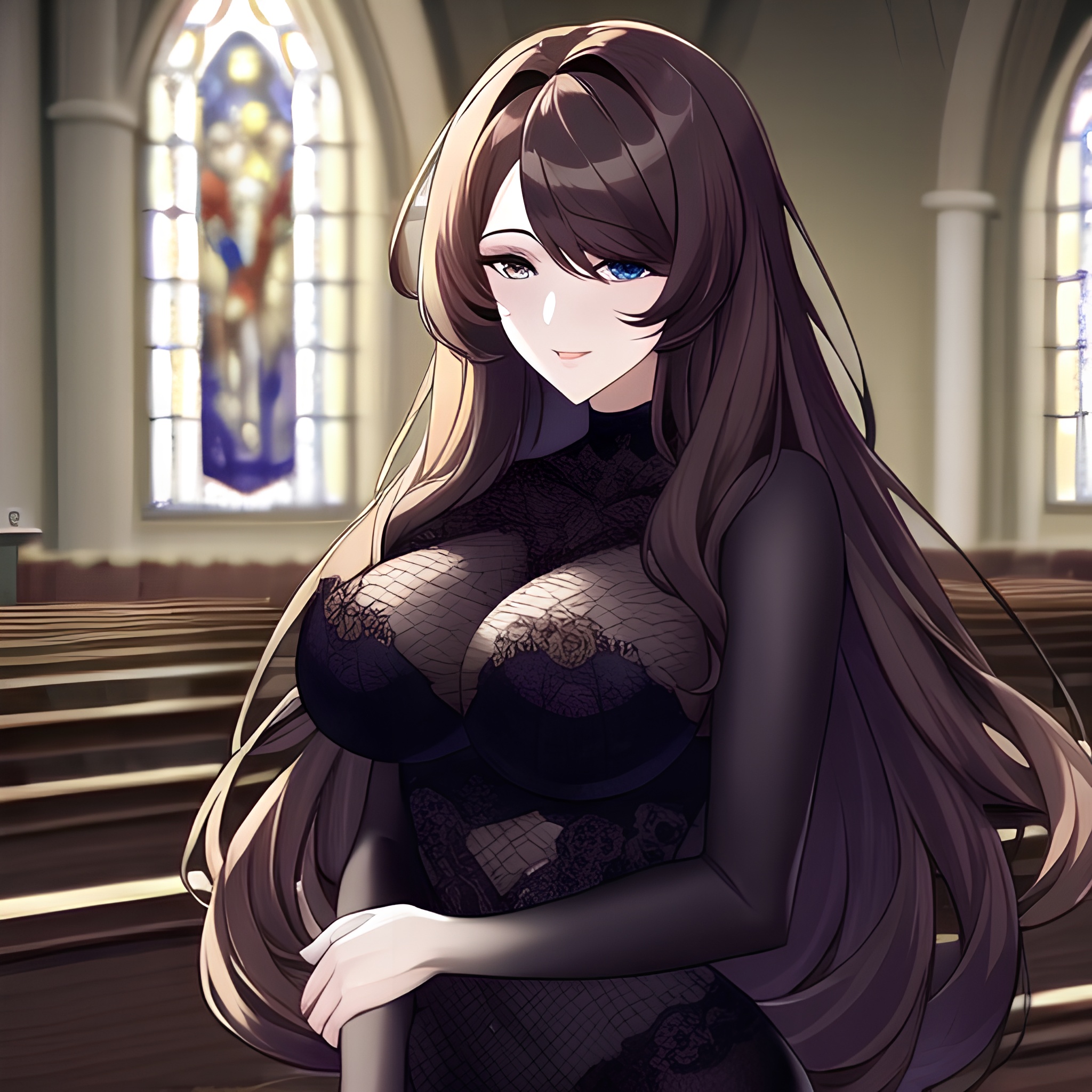 messy hair woman fishnet brunette church long hair 