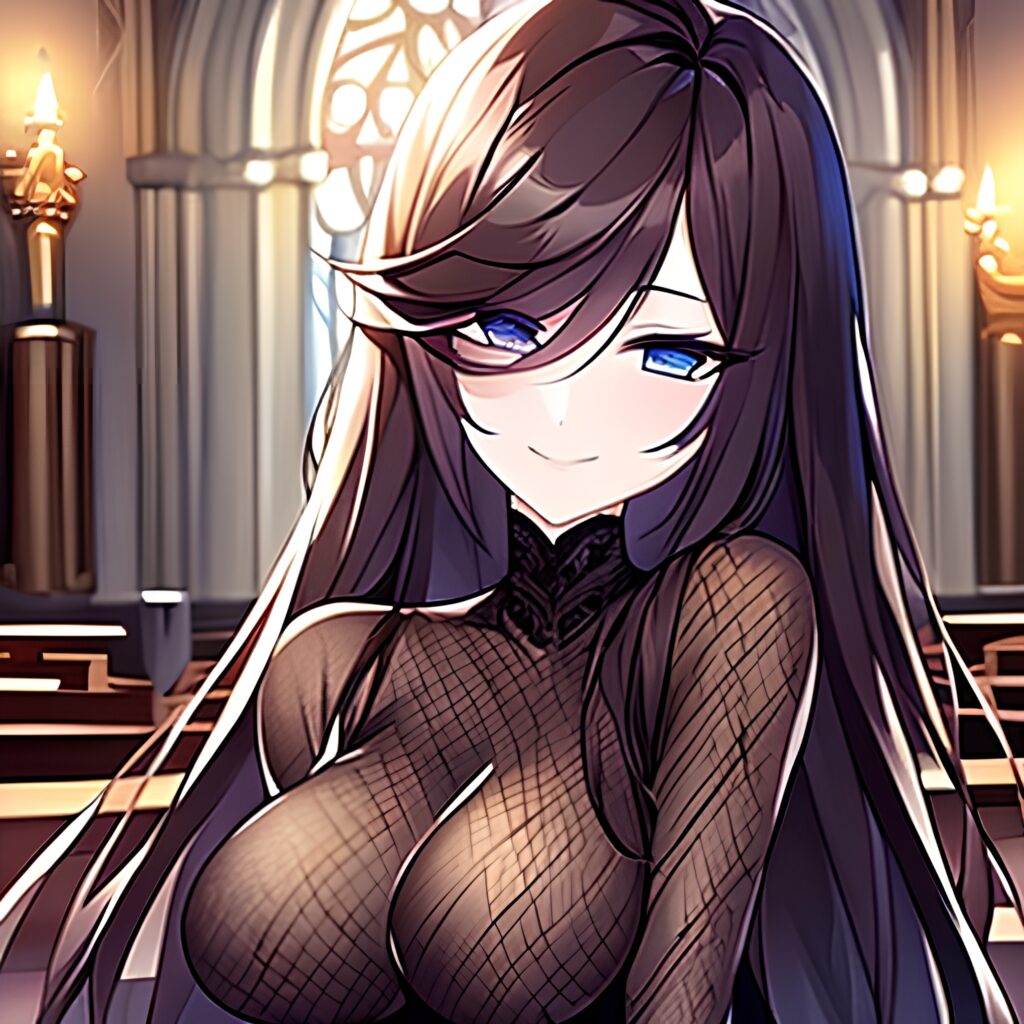 messy hair woman fishnet brunette long hair church 