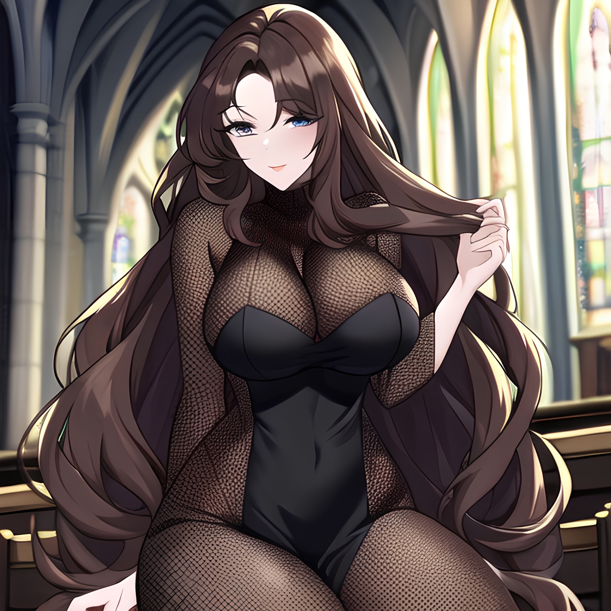 messy hair woman fishnet brunette long hair church 