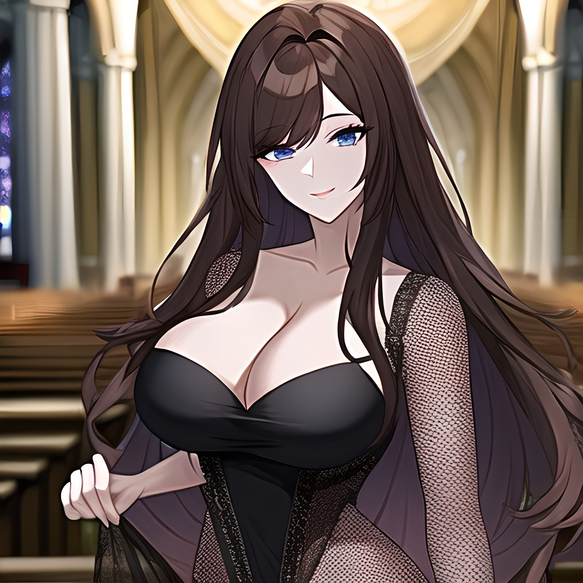 messy hair woman fishnet church brunette long hair 