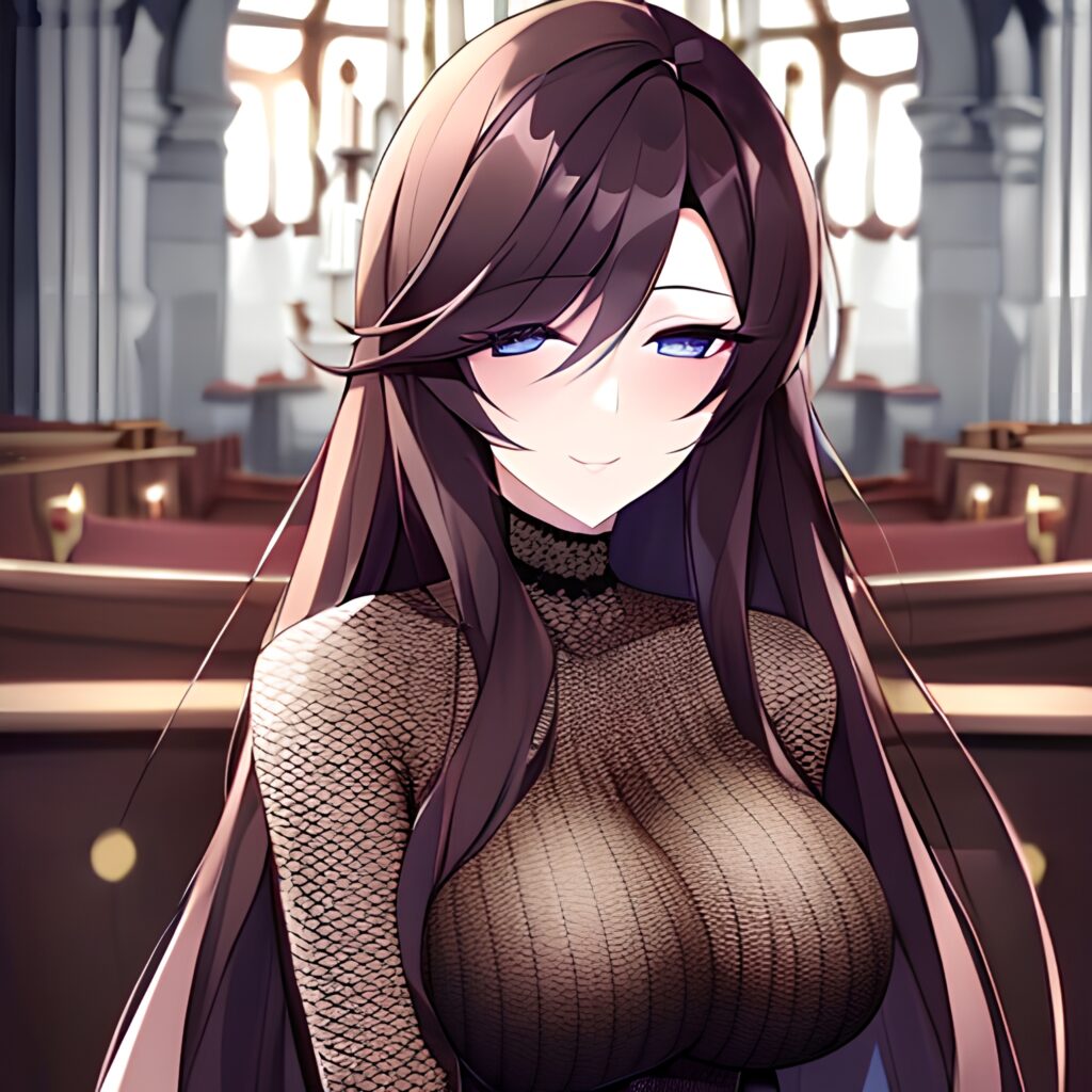 messy hair woman fishnet church long hair brunette