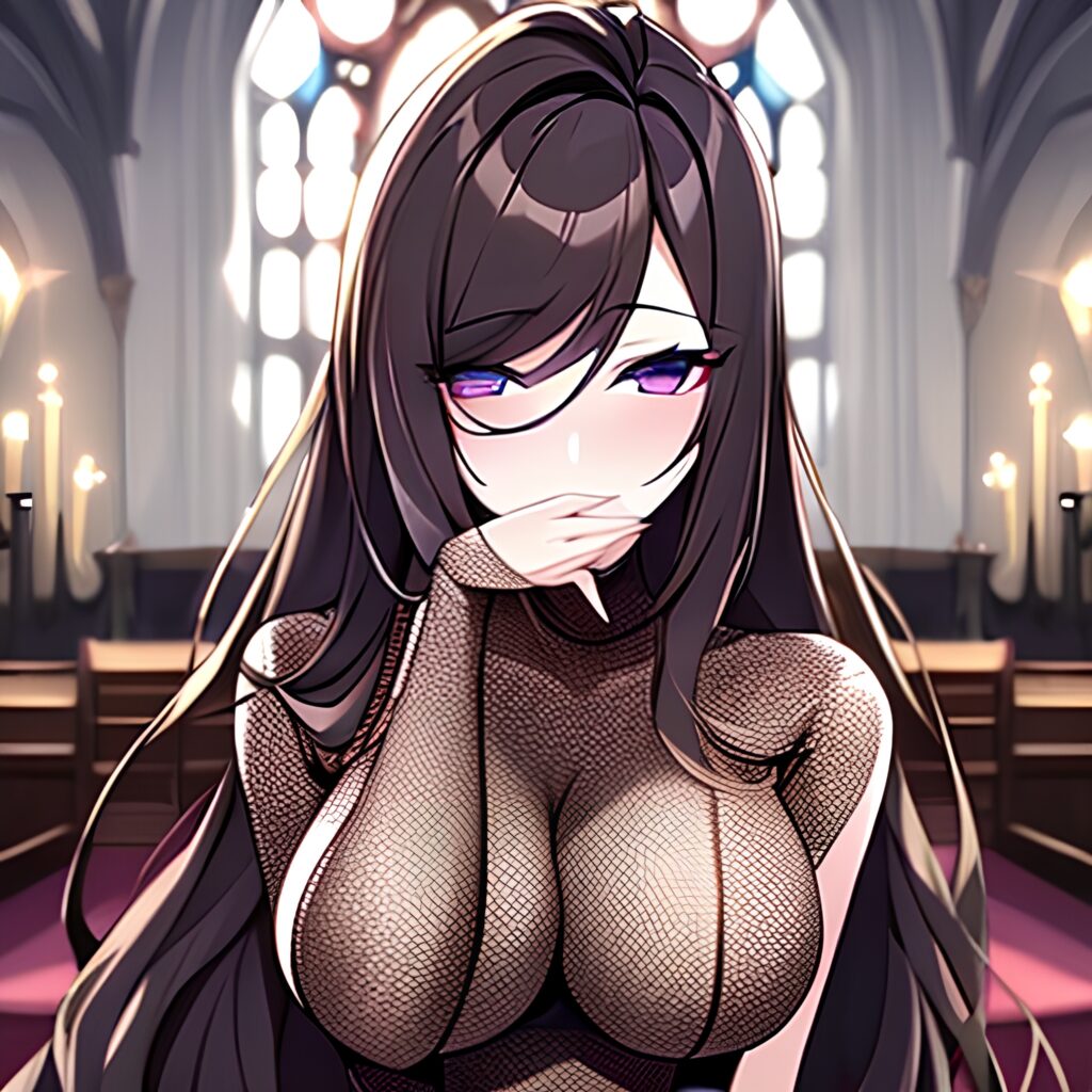 messy hair woman fishnet church long hair brunette 