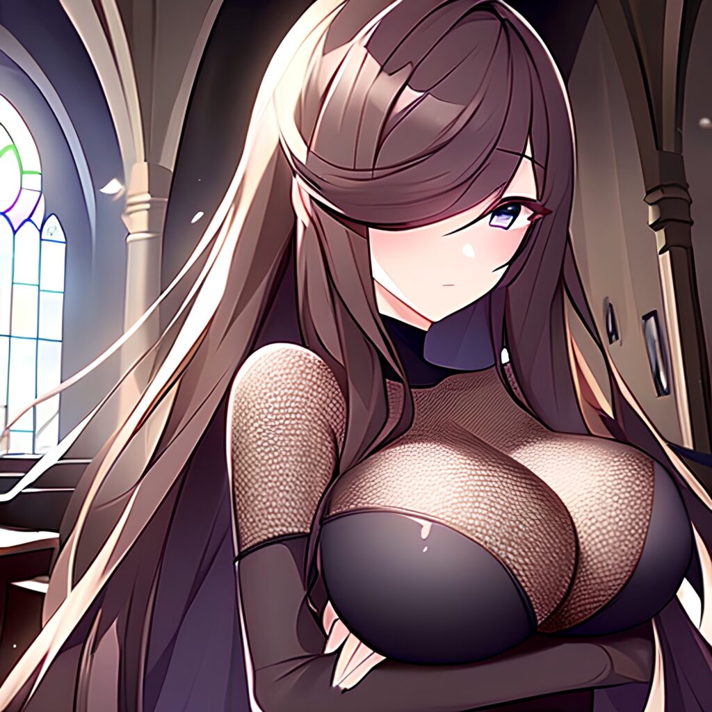 messy hair woman fishnet long hair brunette church 