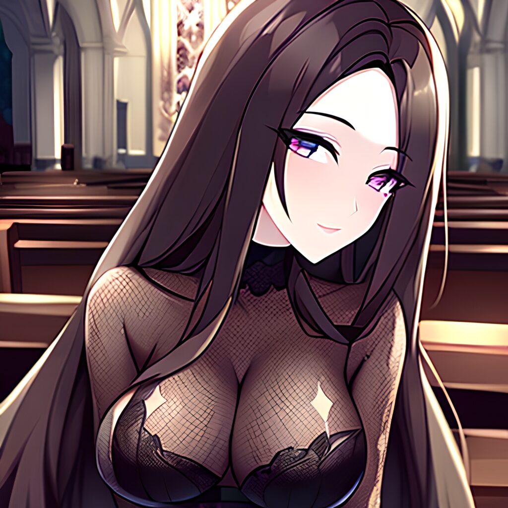 messy hair woman fishnet long hair brunette church 