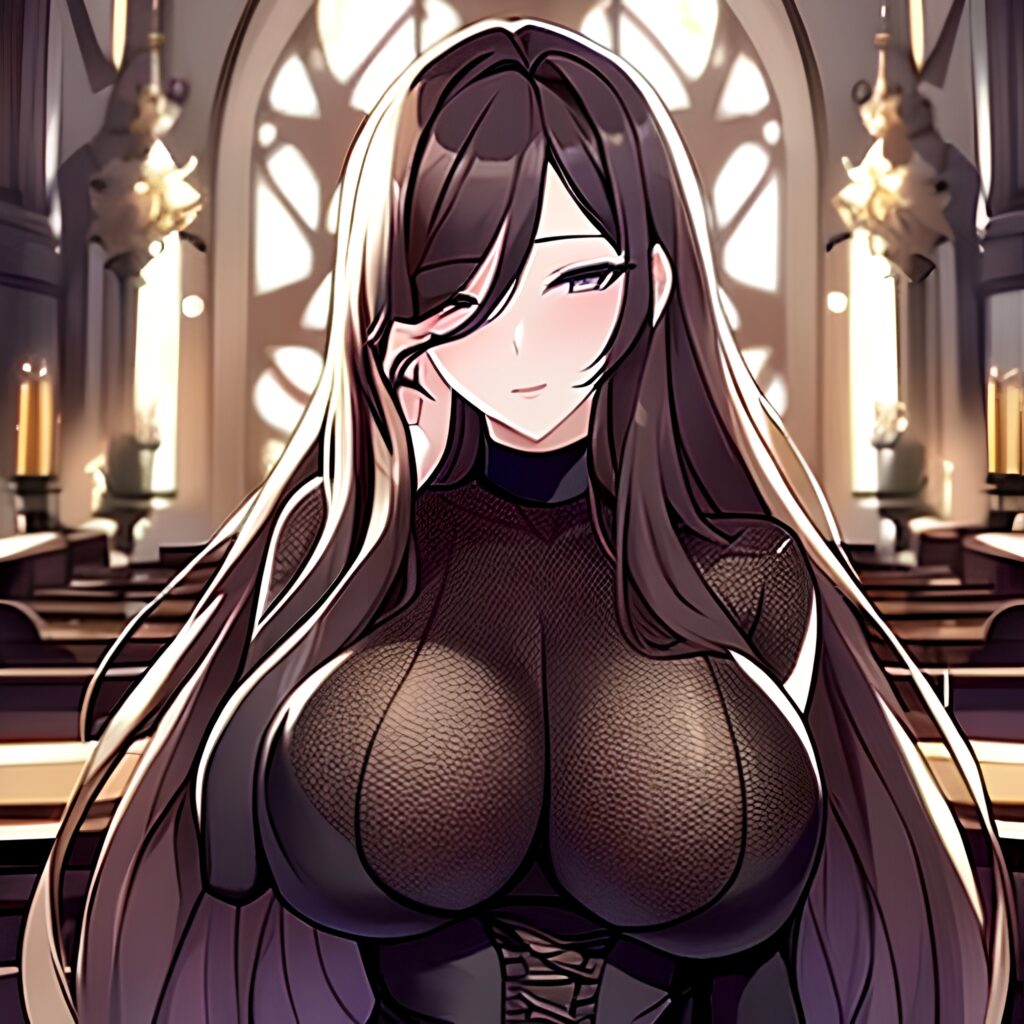 messy hair woman fishnet long hair brunette church