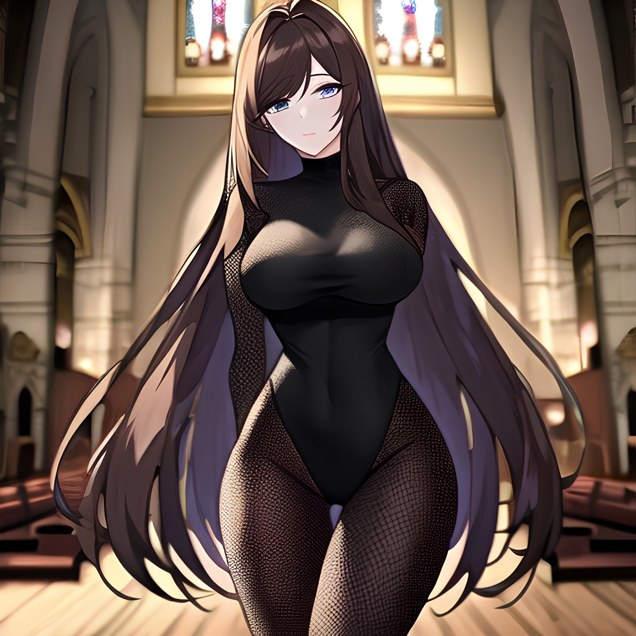 messy hair woman fishnet long hair brunette church 